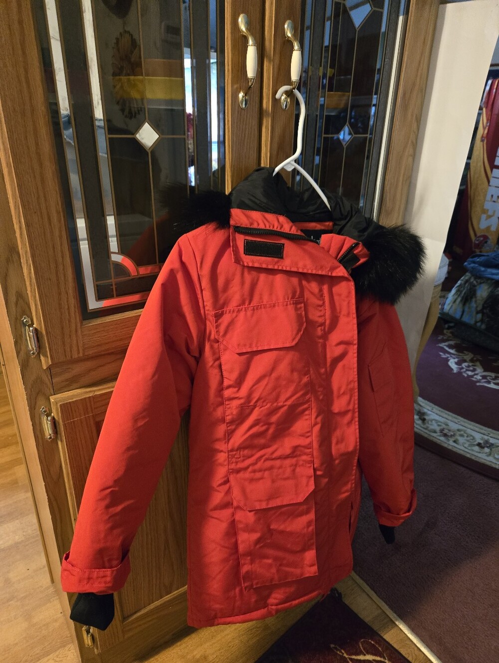 Parisian ( Made In  Paris) Red Winter Parka Jacket with Black Faux-Fur Trim